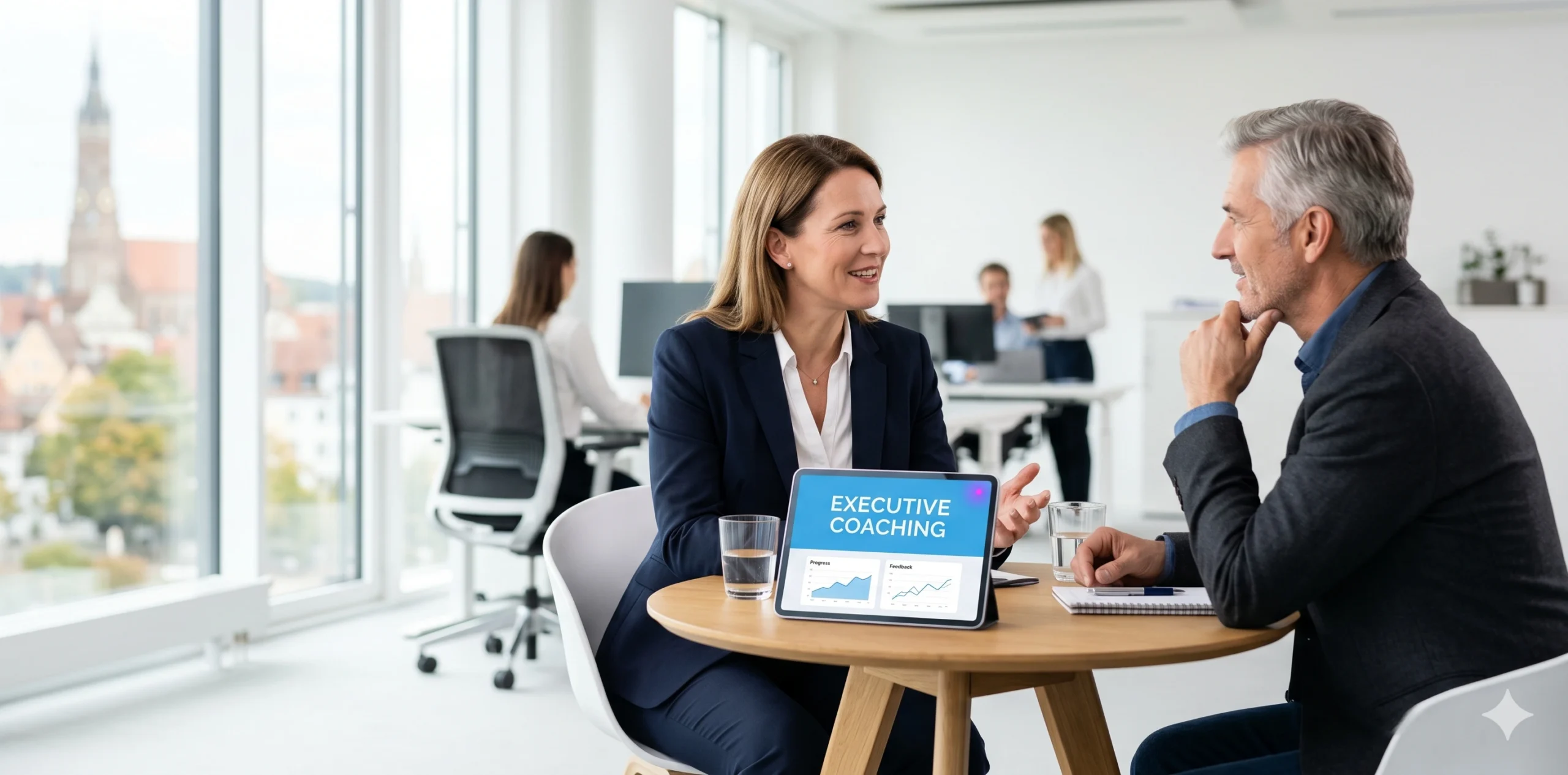 Business und IT Coaching für Führungskräfte IT-Beratung für KMU im 1:1 Coaching-Gespräch mit Führungskraft im modernen Büro