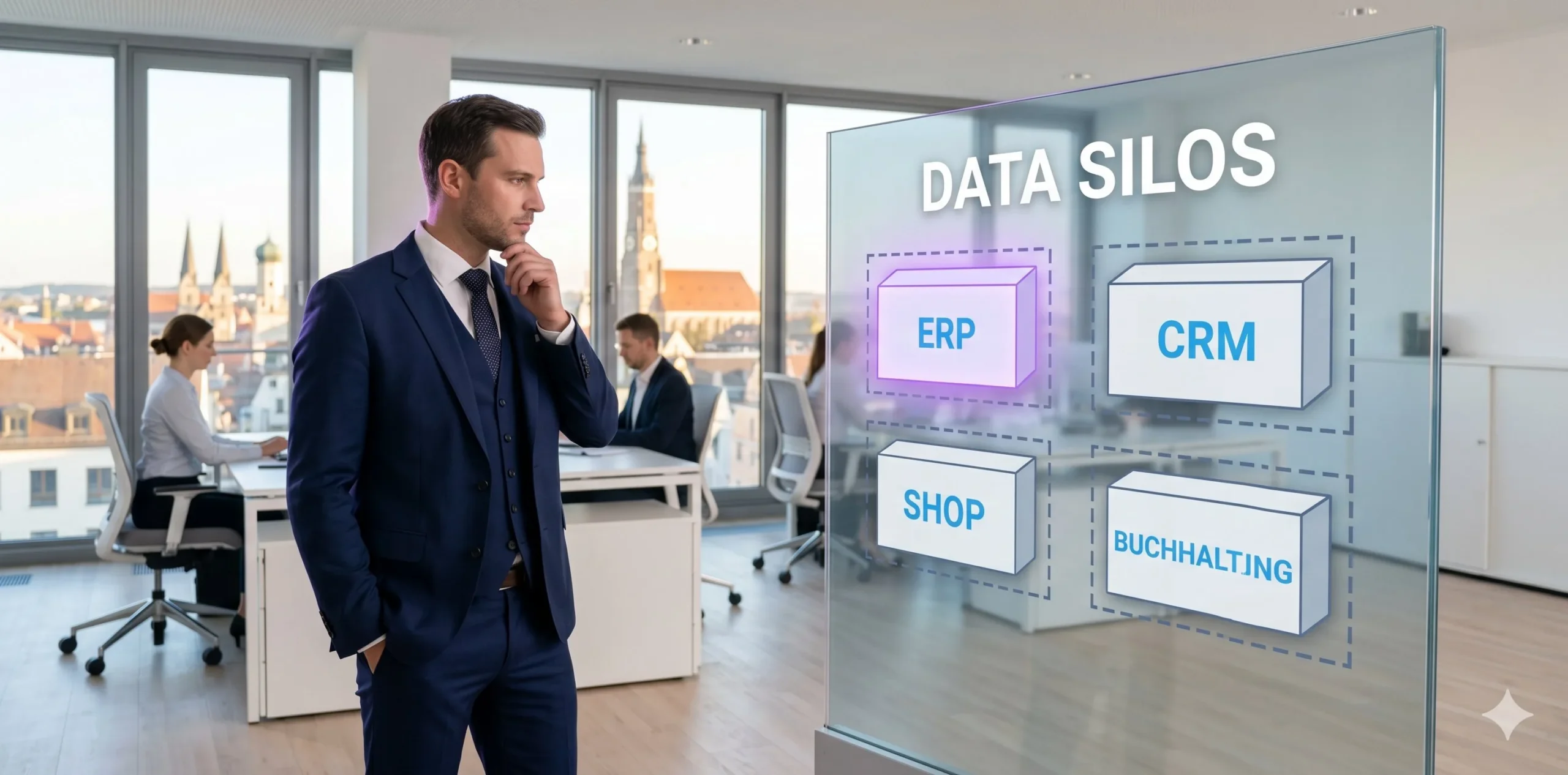 Daten-Silos isolierte Systeme Newmountains.IT Daten-Silos in KMU-Systemen — isolierte ERP CRM und Shop-Systeme ohne Schnittstellen verursachen Medienbrüche und Datenchaos