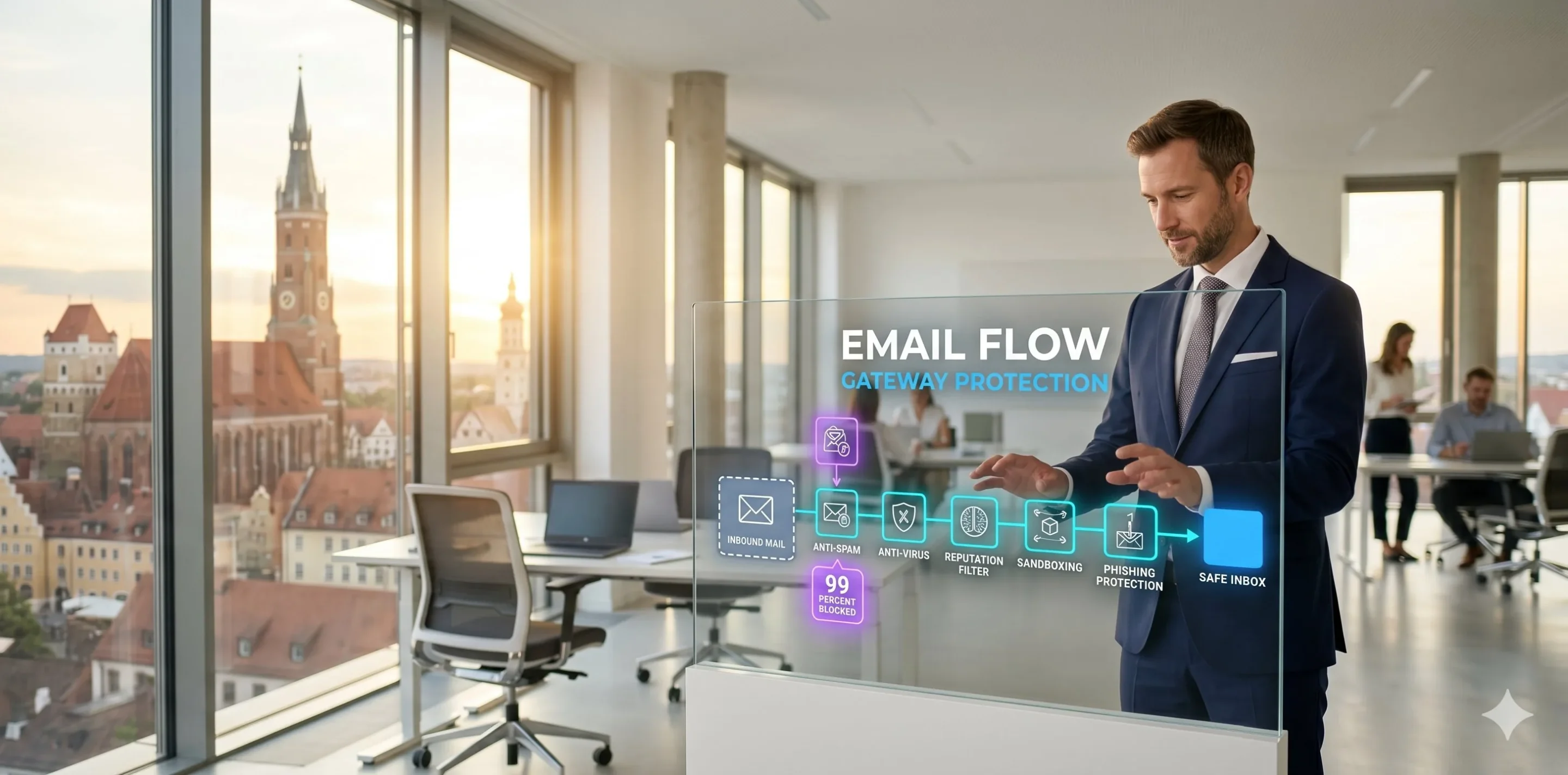 Hornetsecurity E-Mail-Architektur Hornetsecurity E-Mail-Architektur mit Gateway Spam-Filter Anti-Malware Sandbox und URL-Rewriting bevor Mail im Postfach landet