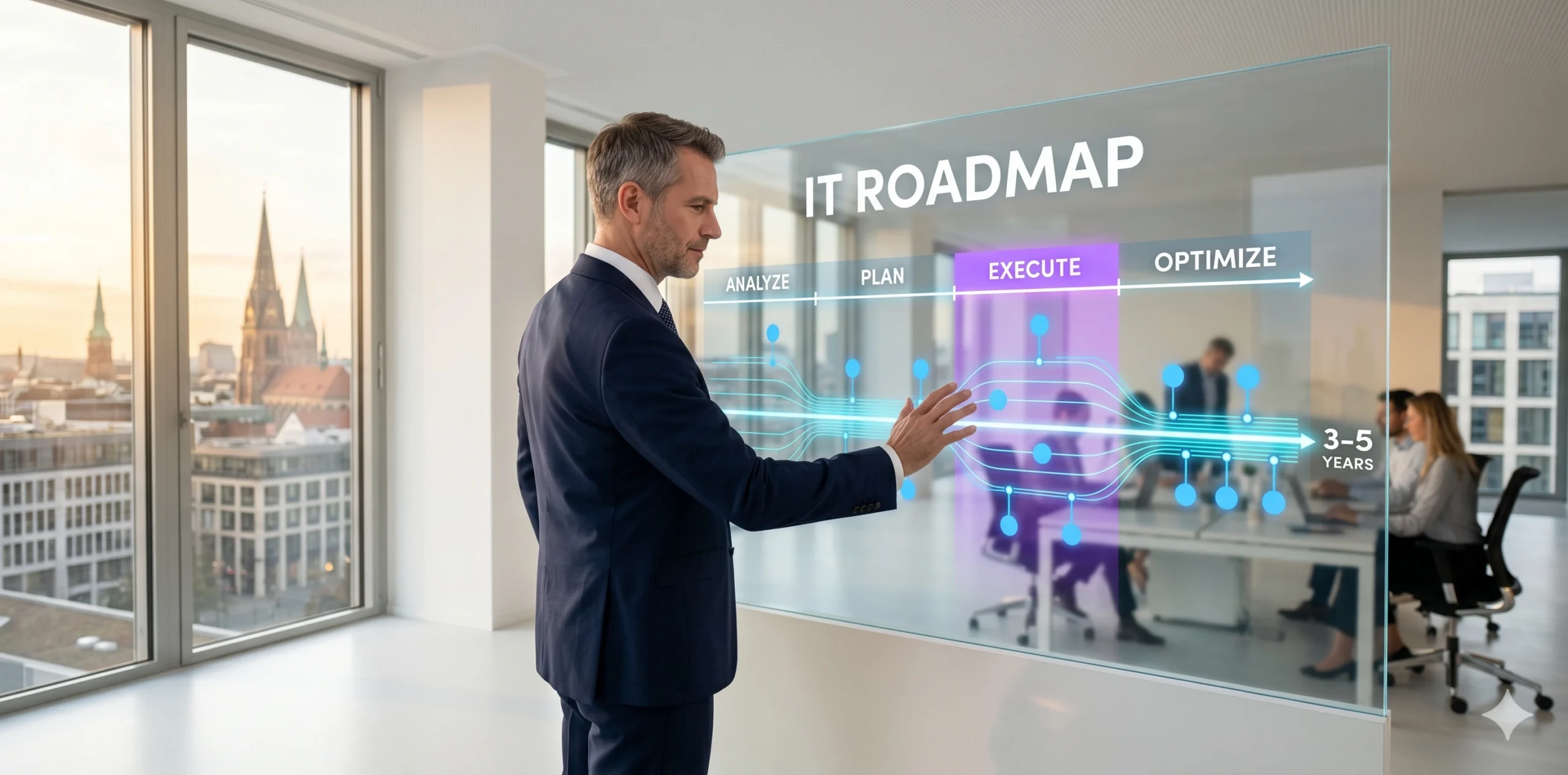 IT-Berater präsentiert strategischen IT-Fahrplan auf digitalem Dashboard