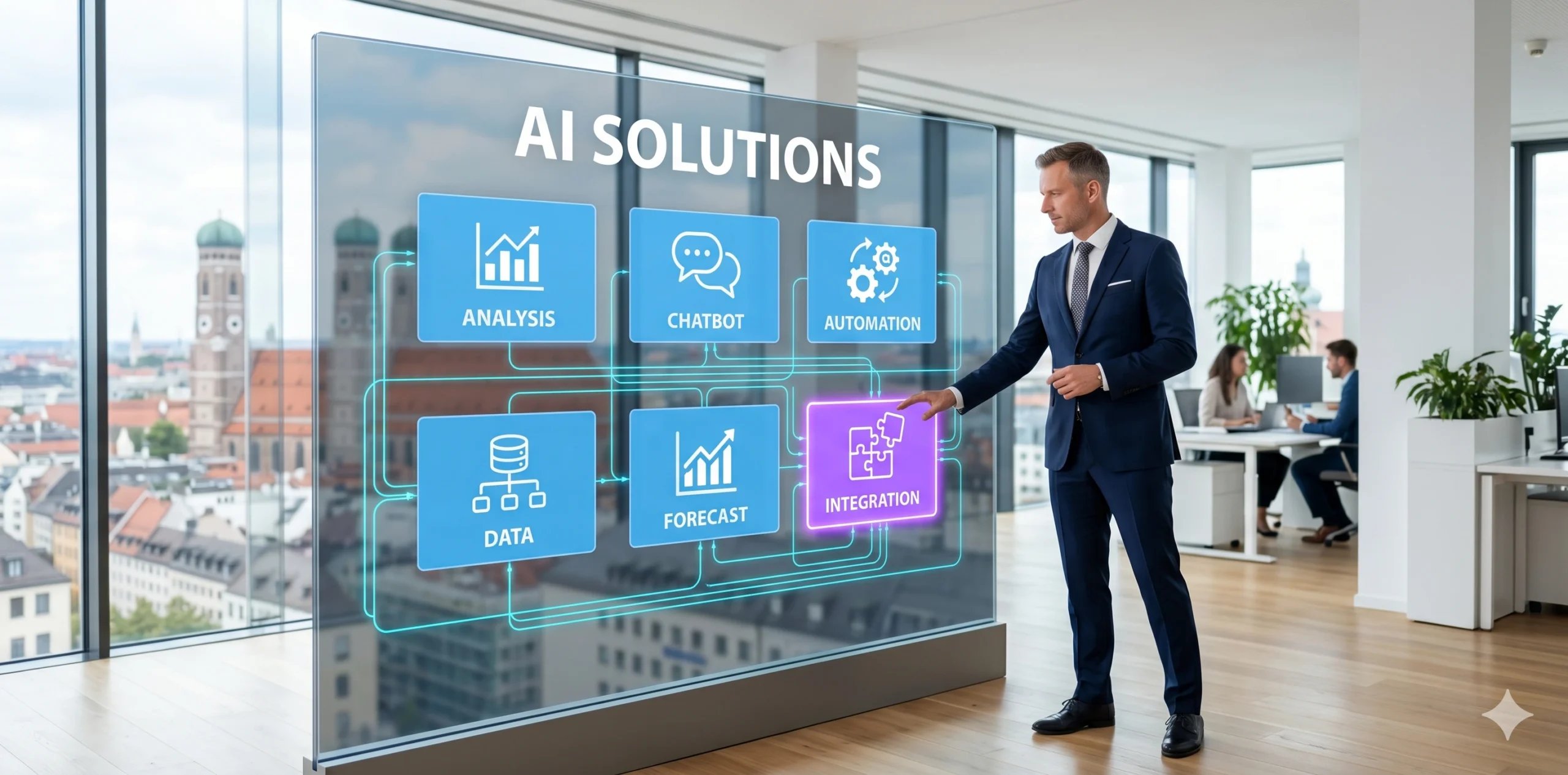 KI-Lösungen Übersicht von Newmountains.IT — Potenzialanalyse, Chatbots, Prozessautomatisierung, Datenanalyse und Integration