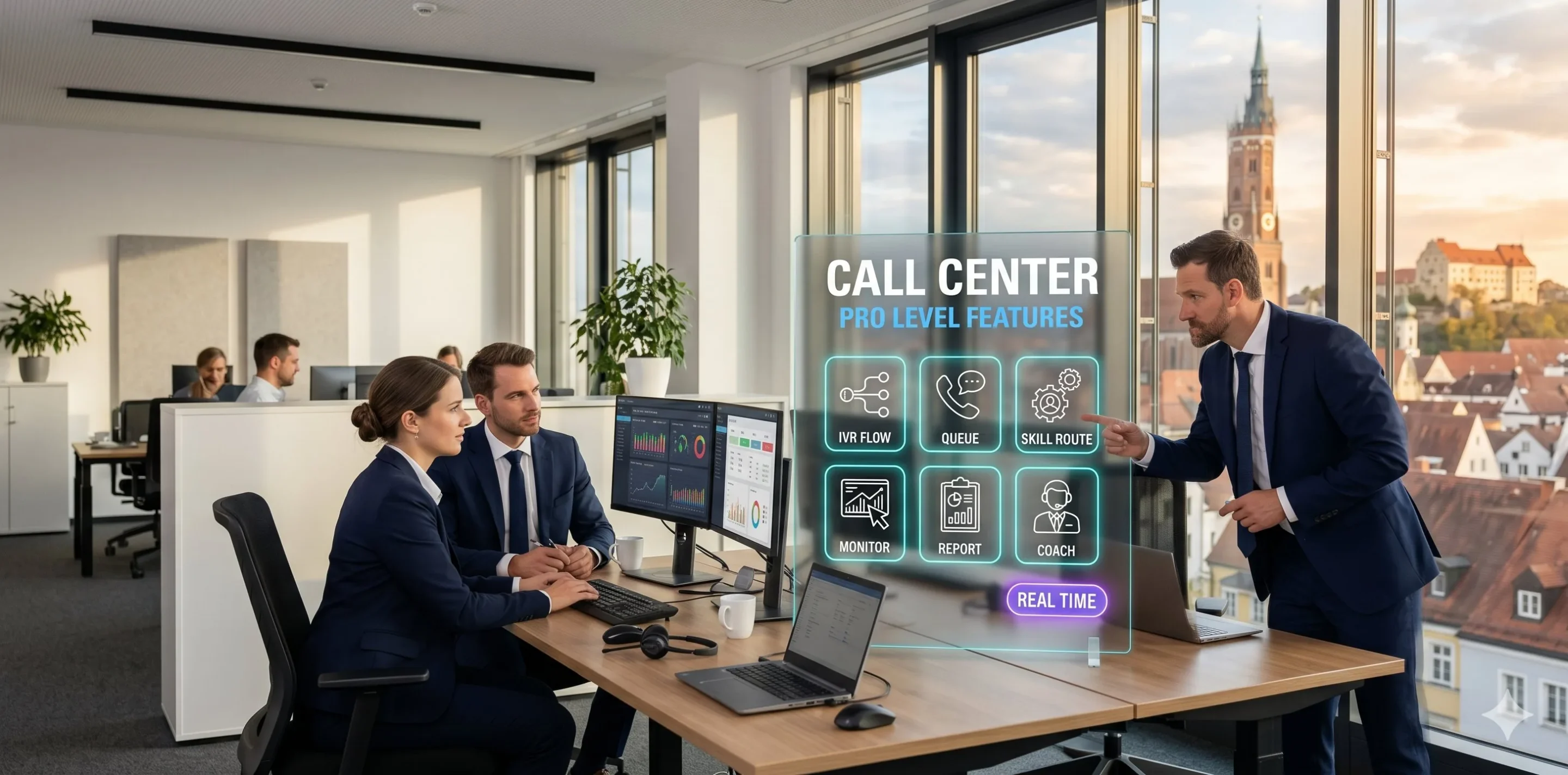 Placetel IVR mit Sprachmenüs ACD Skill-Based Routing Supervisor-Modus und Echtzeit-Reporting für Call-Center