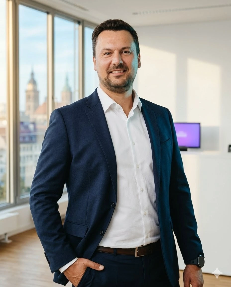 Raphael Neuberger, Geschäftsführer und KI-Berater von Newmountains.IT, im dunkelblauen Business-Anzug vor der Landshuter Skyline
